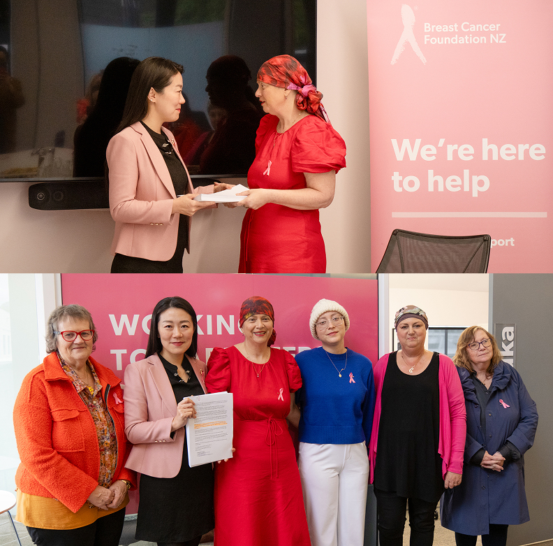 Catherine presenting the petition to fund Keytruda for early-stage TNBC to National MP Nancy Lu