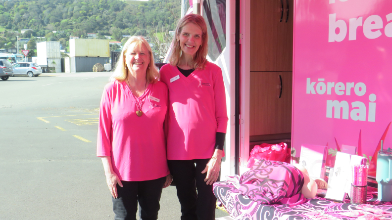 Breast Cancer Foundation NZ's Community Breast Health Educators, Deb and Kelle at the Pink Campervan in Waiheke