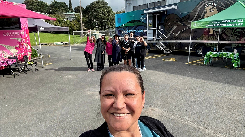 Pink Campervan in Waiheke with BreastScreen Auckland Central, Auckland Bowel Screening, and the Well Women & Family Trust